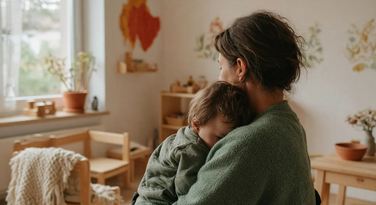 Eingewöhnung: Mutter hält ihr Baby geborgen im Arm